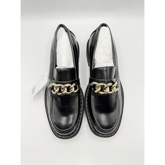 H&M Loafers Womens 9 Black Leather Gold Chain Lug Soles Chunky Platform Boho - Picture 1 of 4